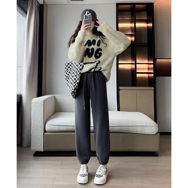 

Autumn Winter New Fashion Elastic Waist Drawstring Solid Color Women's Clothing Korean Pockets All-match Bound Feet Motion Pants