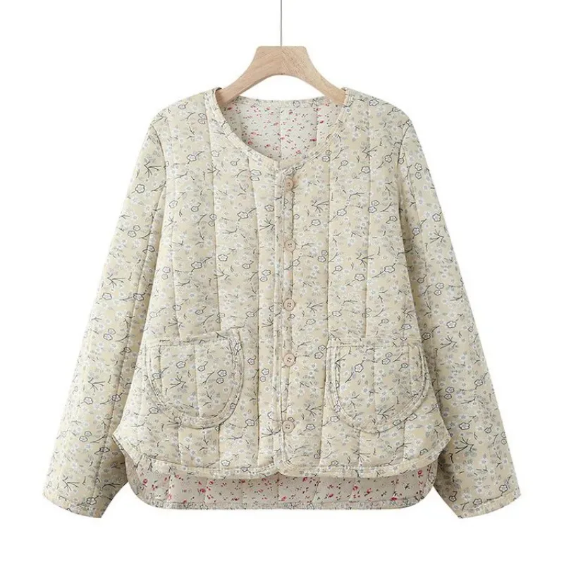 

Autumn and Winter Round Neck Buttoned Cardigan with Floral Contrasting Print Fashionable Casual Pocket Top