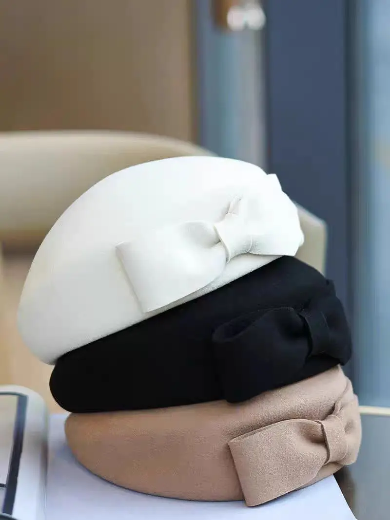 الشتاء موضة الصوف الفاسناتور قبعة قبعة للنساء Bowknot ورأى قبعة أبيض أسود فيدورا قبعة كوكتيل الكنيسة الزفاف قبعة مستديرة #5