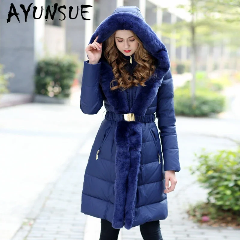 AYUNSUE 90% Women\'s Winter Down Jacket Weman Luxury Real Rex Rabbit Fur Hooded Duck Down Coat Female Thick Warm Parkas Chaqueta