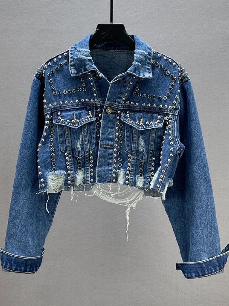 

Womens Denim Jacket Spring Summer New In Heavy Industry Rivet Studded Jean Jacket Women Worn Nail Bead Jean Jacket Top