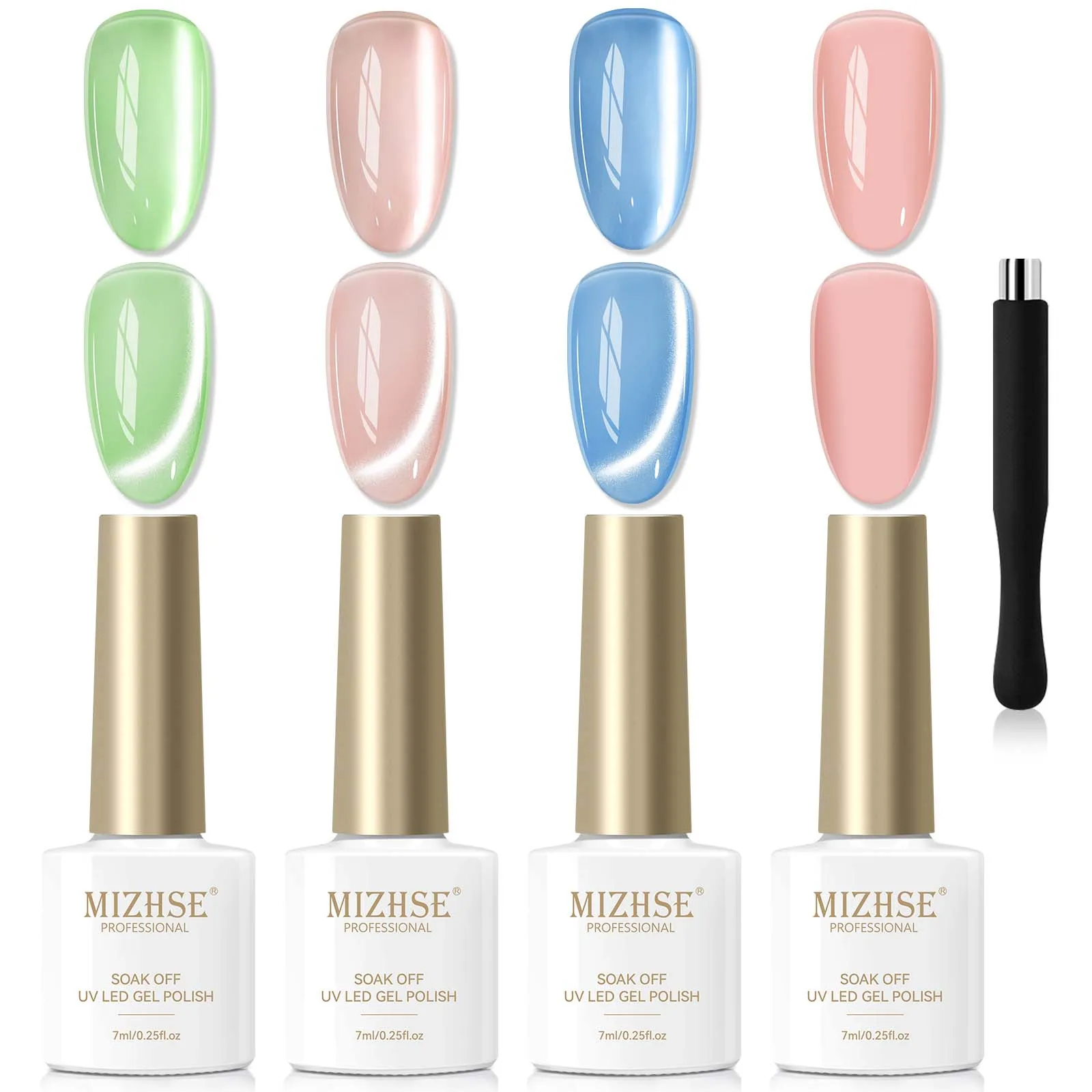 MIZHSE-Ensemble de Verhéritage à Ongles en Verre Œil de Chat, Gel Magnétique Semi-Continu, Nude, Lumineux UV Led, 7ml, 4 Pièces