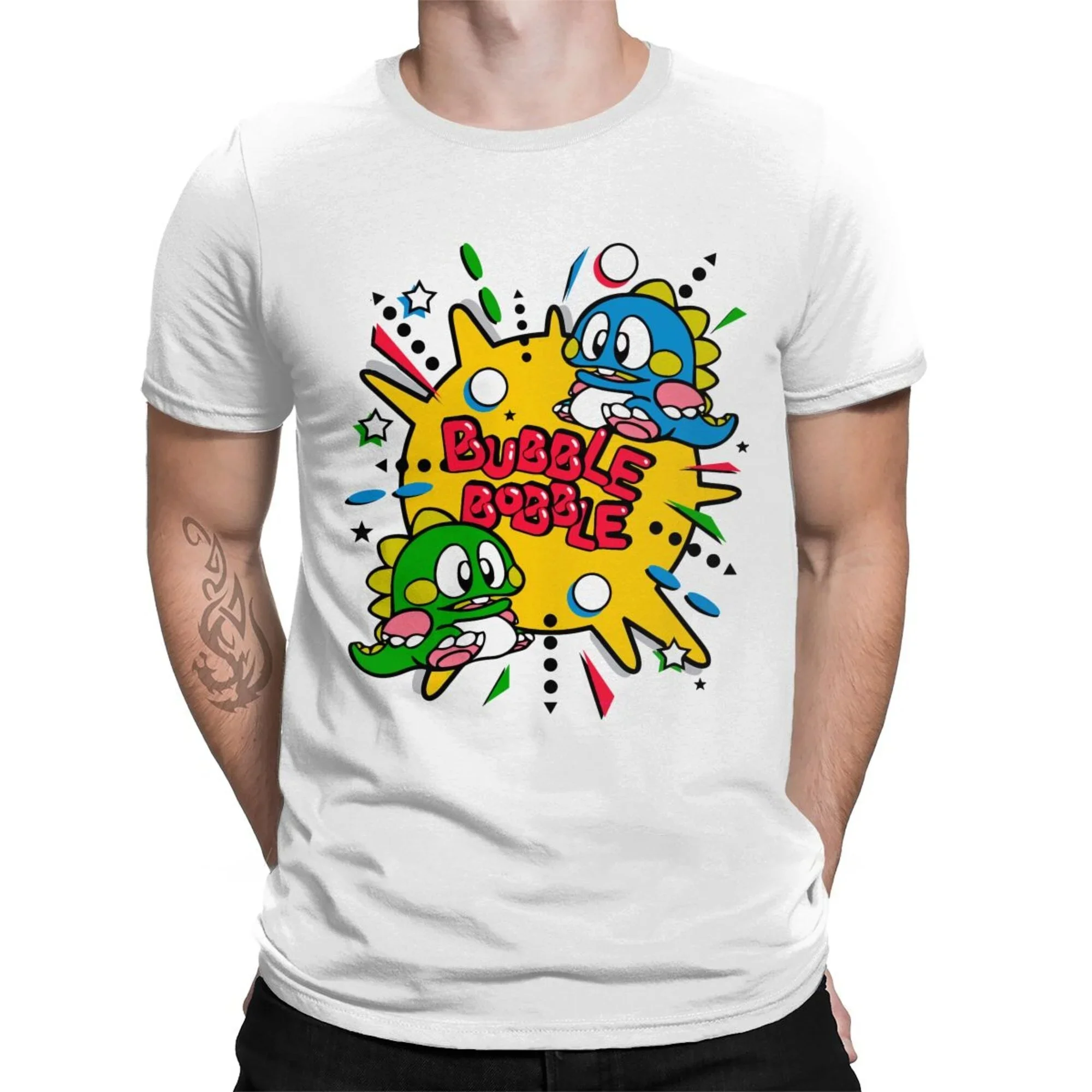 70s 80s Arcade Game Bubble Bobble T-Shirt Men 100% Cotton Short Summer Sleeve Casual Plus Size Shirt Adults Fashion Streetwear