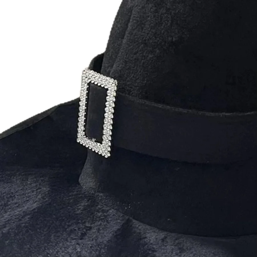 1 Stück Halloween-Hexenhut aus schwarzem Samt mit Strass-Schnalle, Zaubererhut, Cosplay-Kostüm, Fotokabinen-Requisiten für Party-Outfit, Geschenk – Detail 5