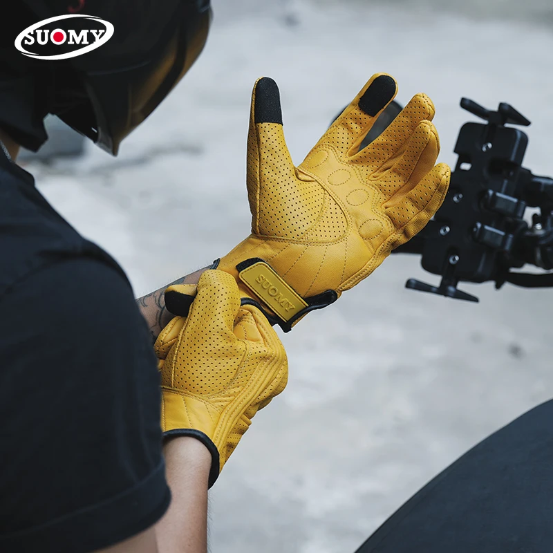 Yellow/Brown/Pink Vintage Leather Gloves Perforated Motorcycle Riding Glove for Men Women Breathable Touchscreen Motocross Glove view 6