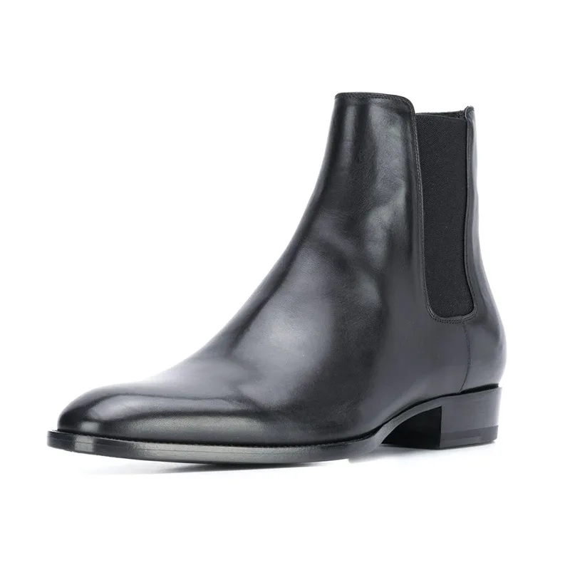 Men Chelsea Boots Black High-quality Leather Pointed Toe Mid-heel Fashion Business Casual Classic Slip-on Men Boots