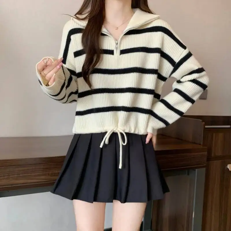 Y K Gestreepte Truien Dames Herfst Winter Halve Rits Kraagvorm Chique Gebreide Truien Vintage Contrast Streetwear Jumpers