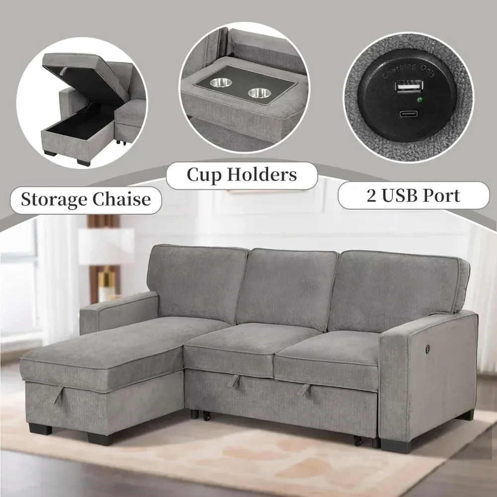 Convertible Sleeper Sofa 3 in 1,  Pull Out Sectional Futon Sofa Bed with Storage Space, USB Ports and Cup Holders