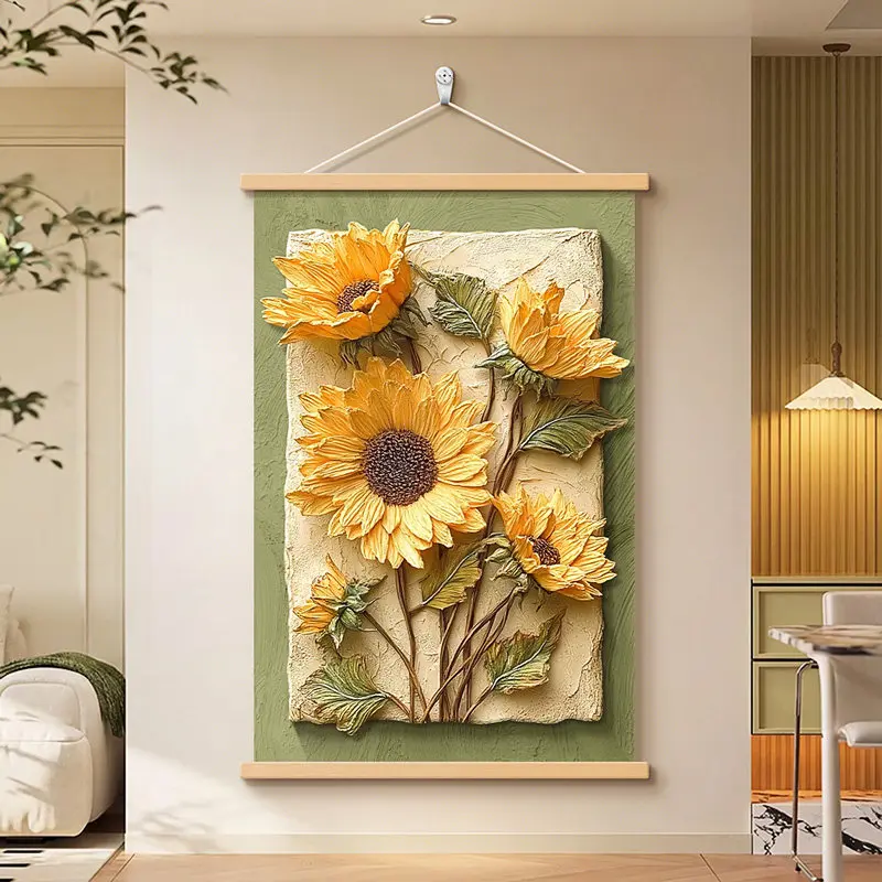 Wall Art Home Decor Sunflower Palette Knife Style Hanging Scroll 3D Textured Impasto Effect Floral Art for Living Room Bedroom