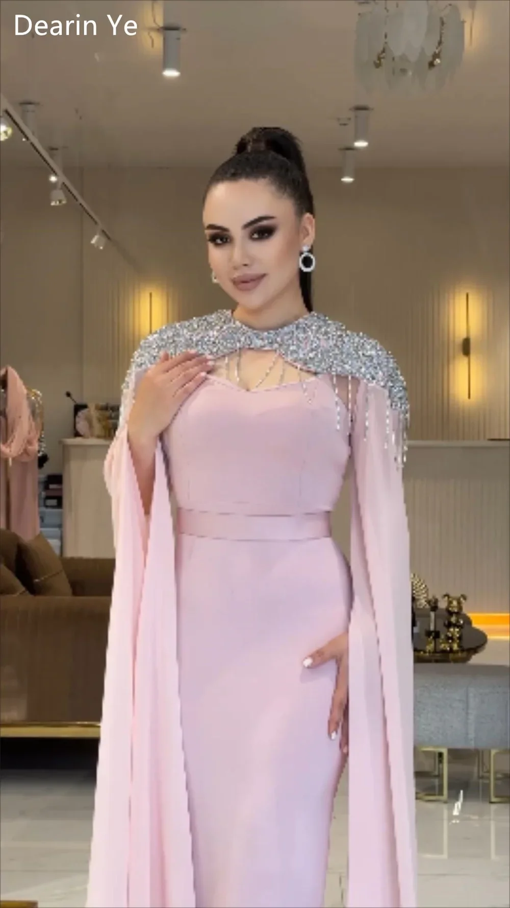 Personalizado arábia saudita vestido de baile formal noite dearin decote colher coluna tornozelo comprimento lantejoulas saias fita tu