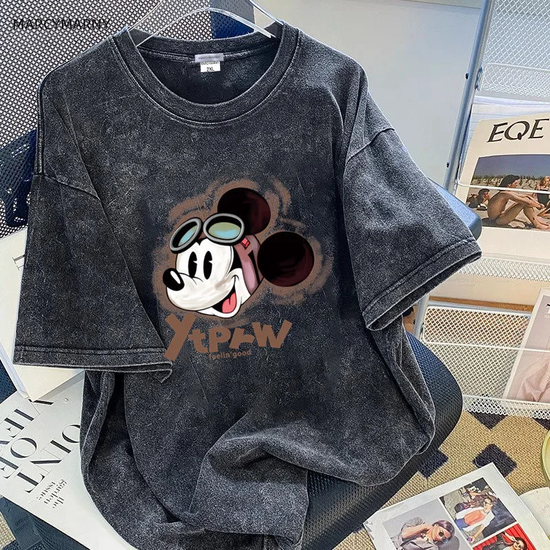 Harajuku Mickey Print 100% Pure Cotton Retro Washed Short Sleeved Shirts for Women Korean Version Fashion Versatile Casual Tops