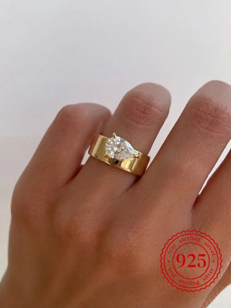 Minimal gestalteter breiter Wassertropfen-Zirkon-Ring aus 925er-Sterlingsilber für Frauen, Verlobung, Hochzeit, luxuriöser, hochwertiger edler Schmuck