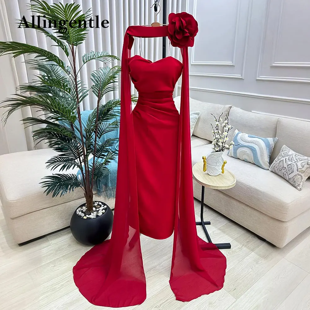 

Classic Red Chiffon Pleated Evening Dresses Backless Handmade Flower Arab Long Prom Gown Ankle-Length with Cape Customized