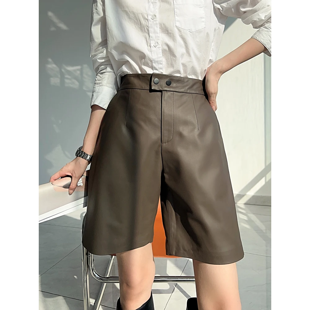 Women Leather Pants 2023 Spring Female Thin Casual Straight Lambskin Bermuda Shorts Mujer Minimalistic Suit Trousers Streetweer