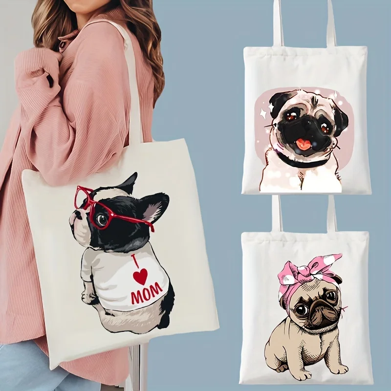 Cartoon Puppy Print Canvas Handbag Cute Shoulder Bag Large Capacity  Shopping Bag, Lightweight Multifunctional Shoulder Bag