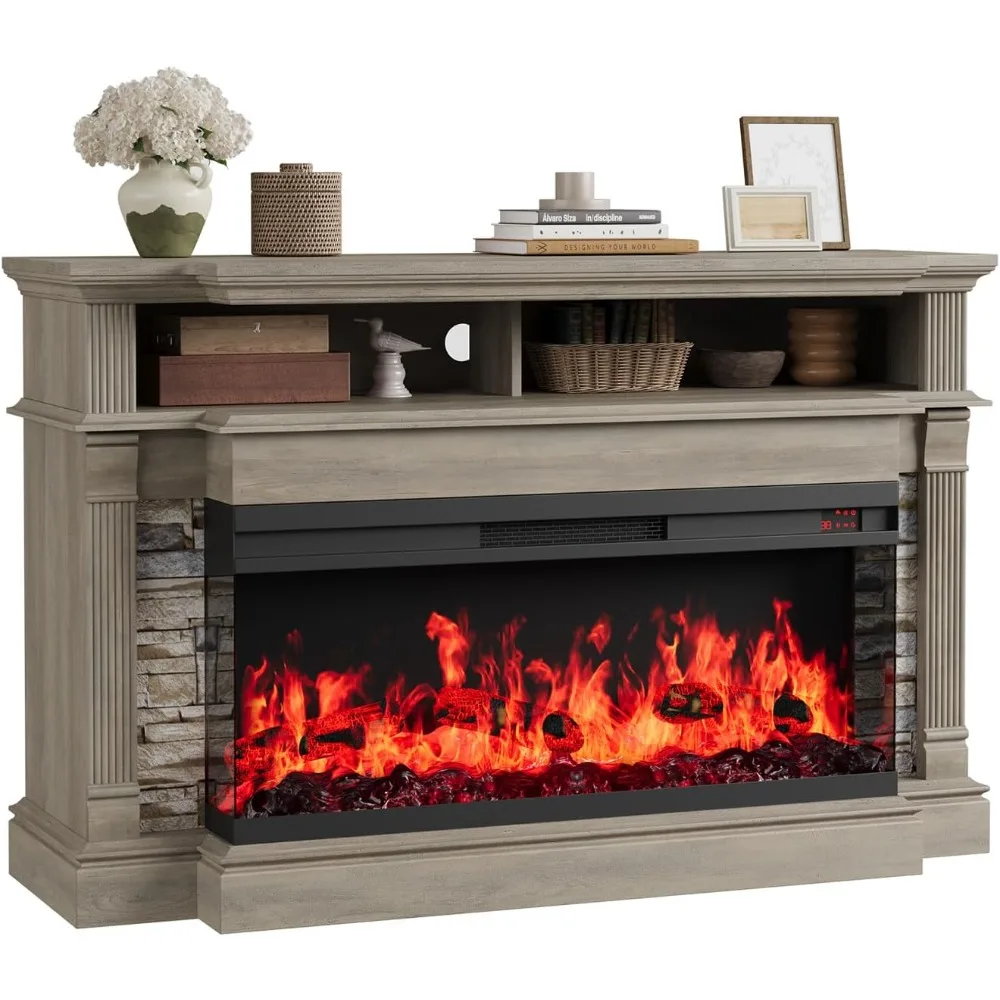 Farmhouse Style 52 Electric Fireplace TV Stand for 65 TVs with 36 Glass-Front Fireplace and Entertainment Center