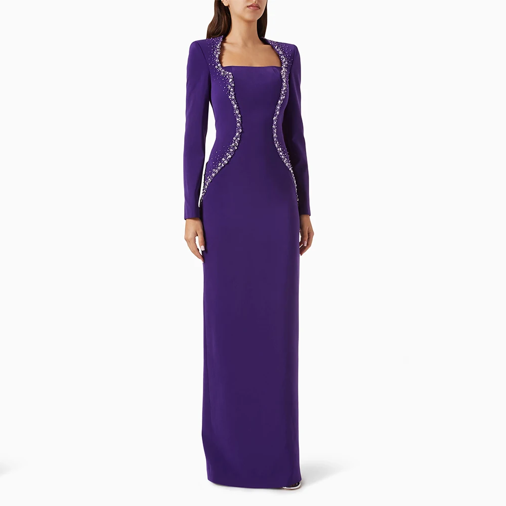 Purple Evening Dress Customized Square Neck Beading Long Sleeves Jersey Elegant Evening Gowns Long Formal Party Dresses