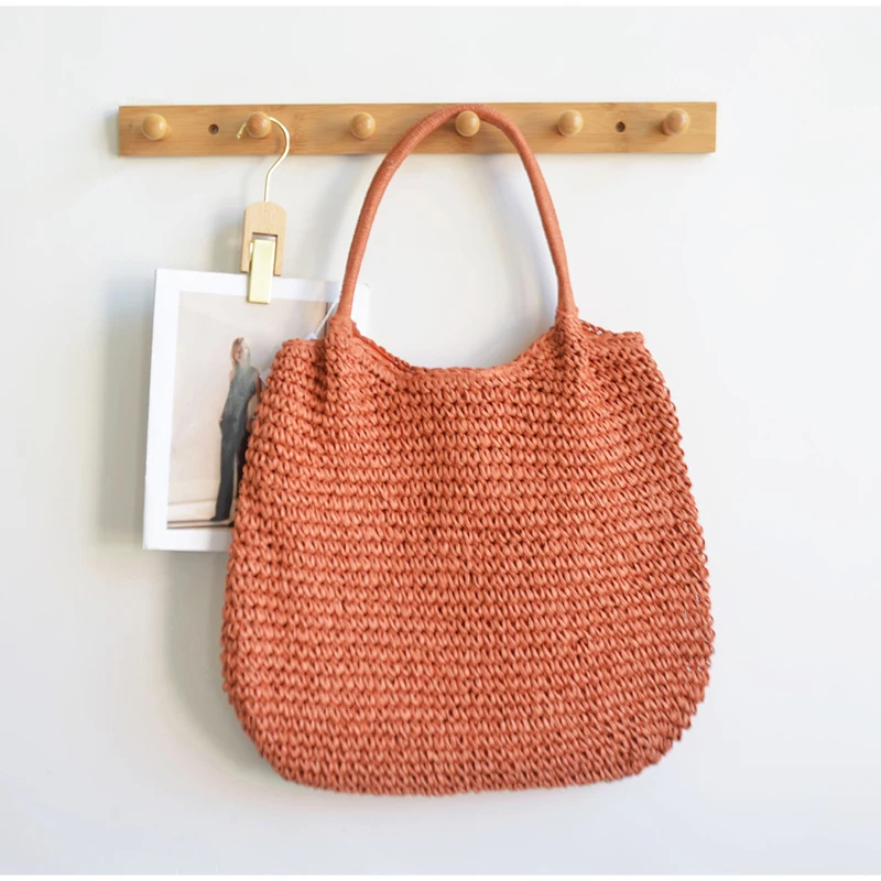 Vintage Einfarbige Gewebte Schultertasche, Minimalistische Casual Pendler-Handtasche für Frauen, Sommer Strand Handgefertigte Leichte Tasche – Detail 9