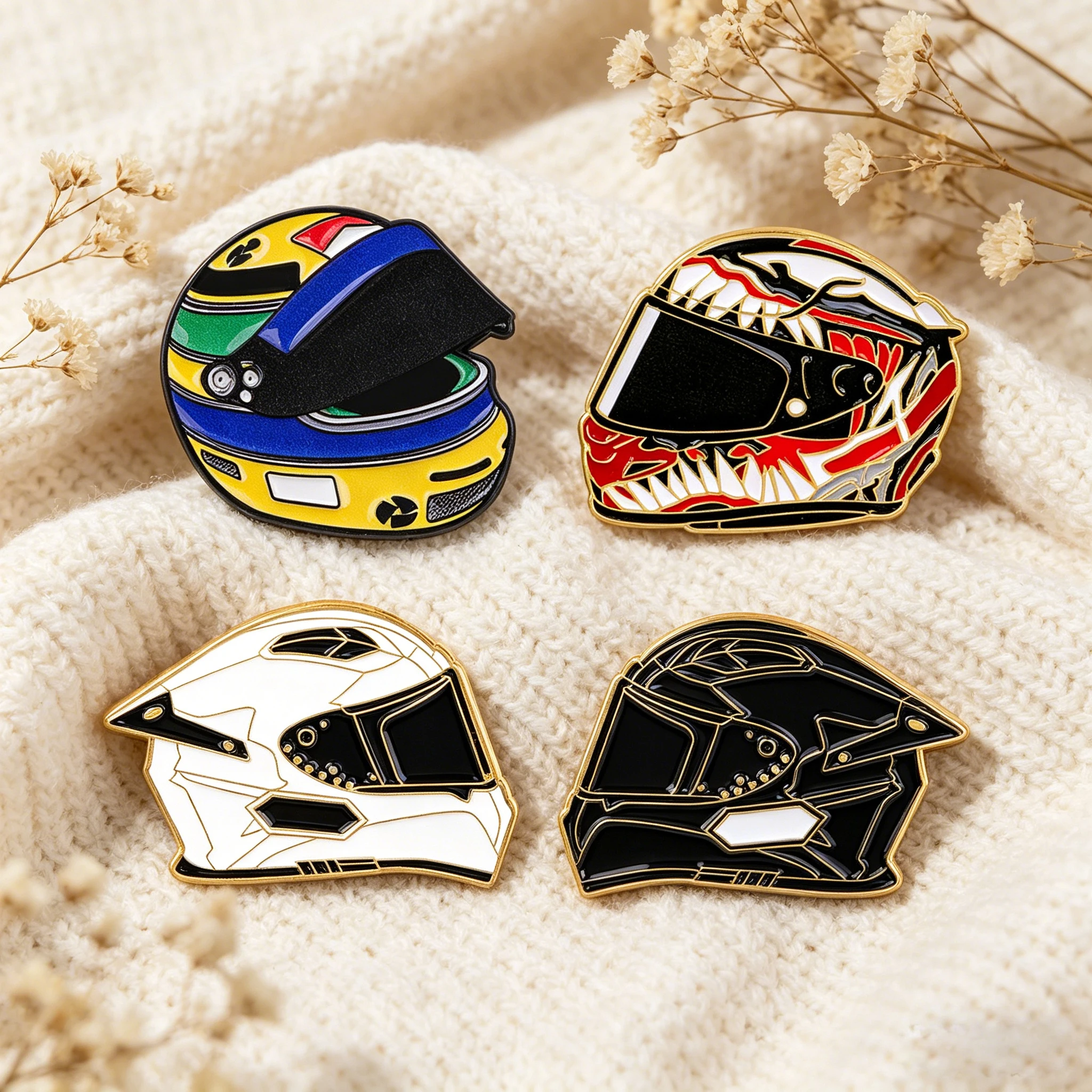 4pcs/Set Cool Racing Helmet Enamel Pin Cartoon Car Badge Brooch Backpacks Bag Collar Lapel Decoration Jewelry Gifts for Friends
