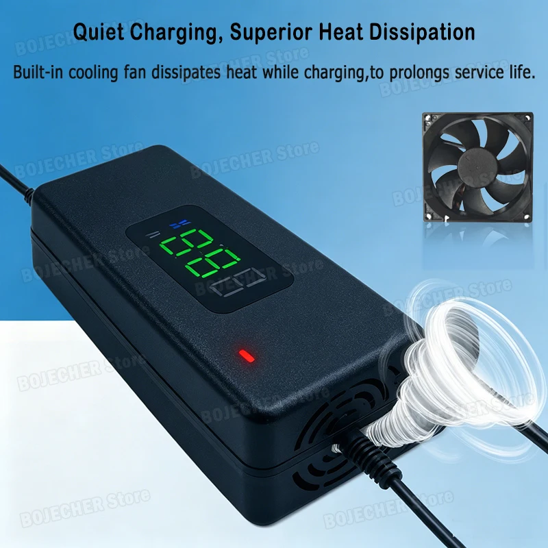 AC100-240V Digital-Display Lithium-Batterieladegerät 36V 42V / 48V 54.6V 2A Netzteiladapter DC-Stecker mit Lüfter EU US – Detail 4