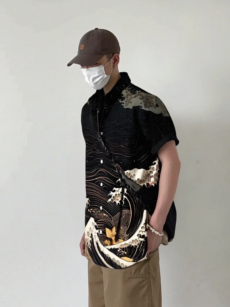 Men's Shirts Holiday Japanese Waves Ukiyo-e Art Print Fashion Black Shirt Casual Loose Summer Short Sleeve Button Up Man Clothes