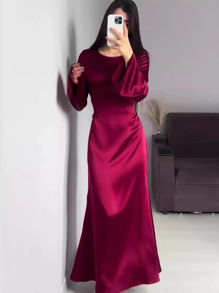 Glänzende elegante Satin hohe Taille Frauen Maxi kleid Glocken ärmel schnüren schlanke Bankett Meerjungfrau Bodycon Kleider pochen im Herbst