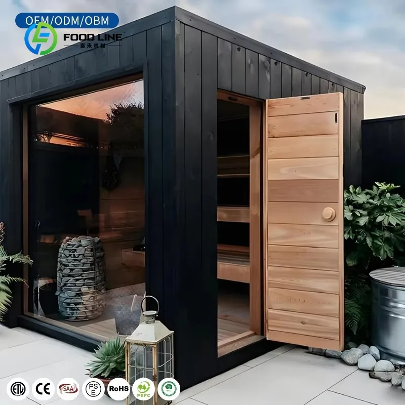 Customized Traditional Outdoor Sauna for Four to Six Persons with a Wood Stove in Cedar or Hemlock Wood