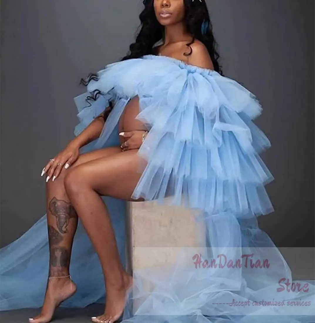 Long Tulle Robe Ruffles Maternity Photoshoot Dressing Off Shoulder Lingerie Baby Shower Pregnancy Gown