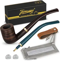 Handmade Smoking Pipe,Ebony Wood Pipe Kit with Replaceable Long Pipe Stem,4-in-1 Pipe Stand Holder,Smoking Pipe Gift Box