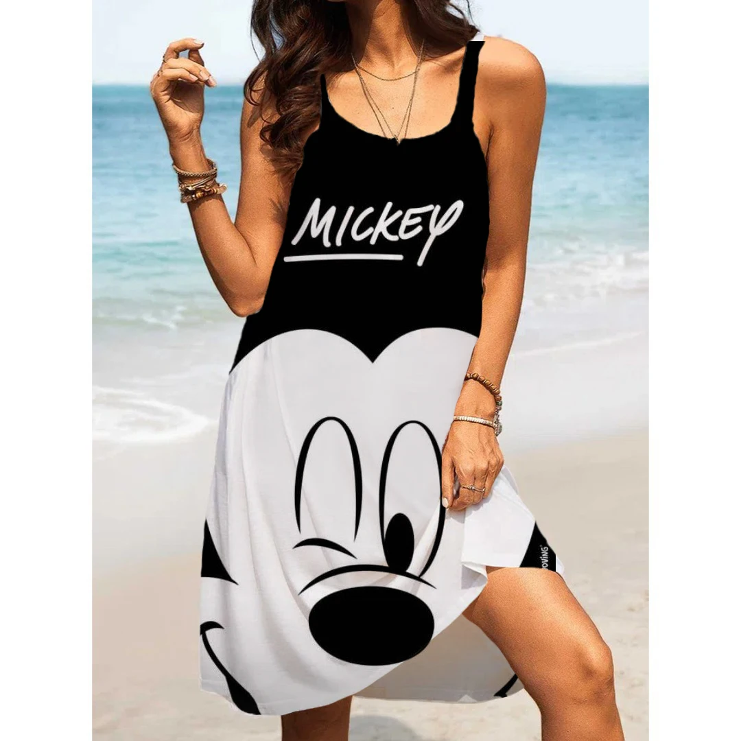 

Mickey Mouse Women's Beach Dresses Fashion Summer Casual Print Sleeveless Cute Mini Sling Dress Sundresses for Women 2024