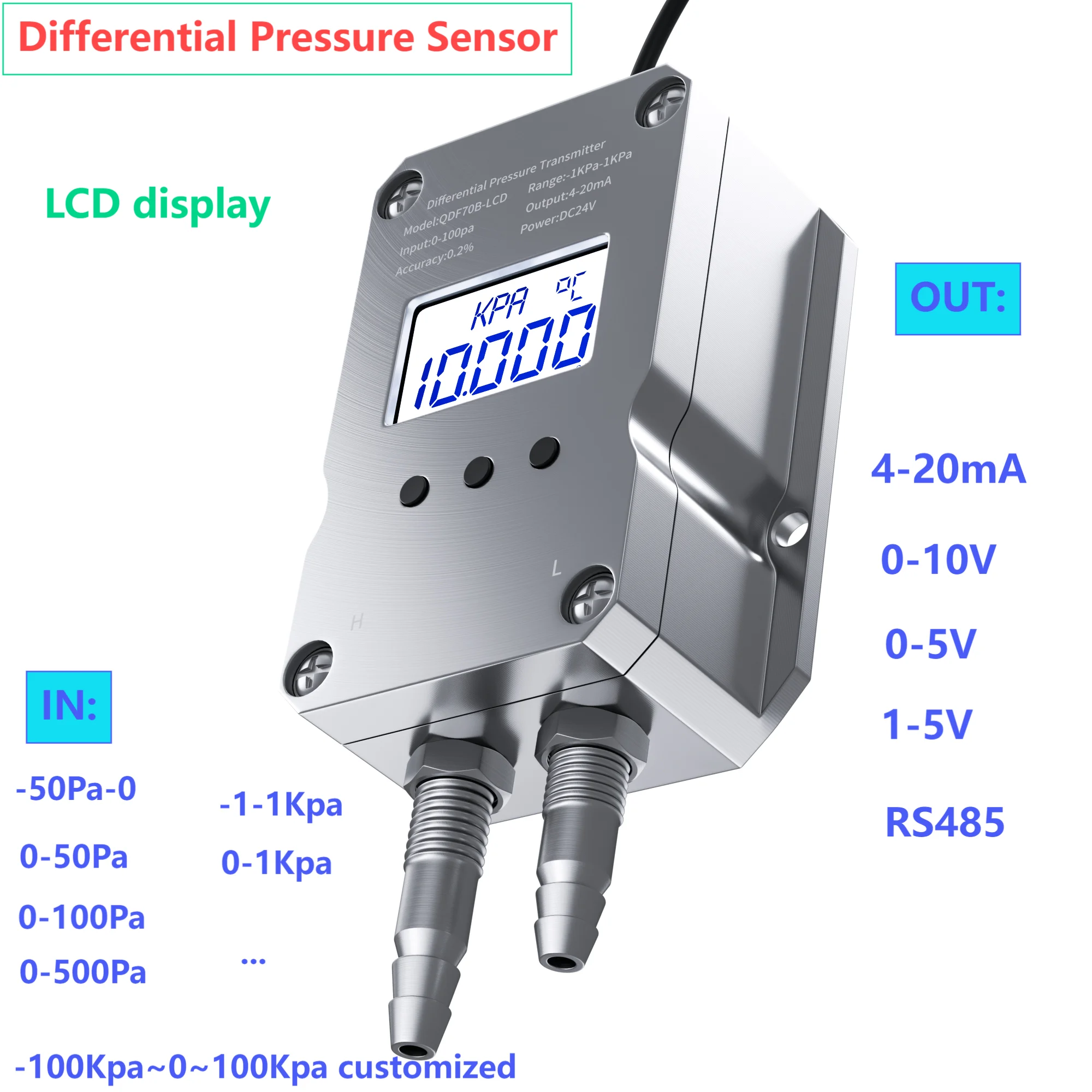 

LCD Differential Pressure Transmitter 0-10V 0-5V RS485 Wind Pressure Sensor 300Pa 5KPa 1Kpa Air Differential Pressure Sensor