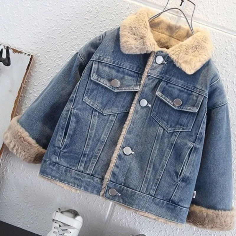 Jungen Mädchen Verdickte Warme Jeansjacke 2026 Herbst Winter Neue Kinder Koreanische Mode Fleece Gefütterte Freizeitjacke Kinderkleidung