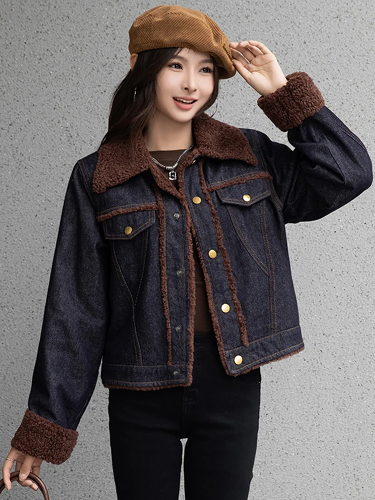 LANMREM Korean Style Women's Lamb Wool Coat Streetwear Turn-down Collar Color Block Female Denim Coats 2024 New Fashion 2DC1143