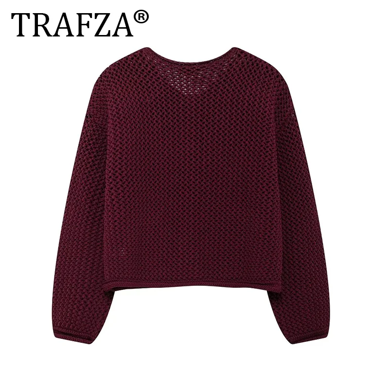 TRAFZA Women Short Cardigan Chic Coat Casual Knitted Cardigans For Women 2024 Summer Fashion Long Sleeve Knitwear Outerwear