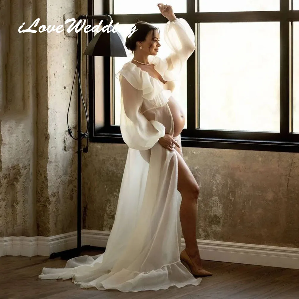 

IloveWedding Elegant Maternity Dress for Photoshoot with Ruffles See Through Organza Prom Dress Pregnancy Babyshower Bathrobe