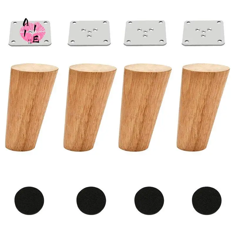 a11e-木製4インチテーパー家具脚4本セット、丸型無垢未仕上げミッドセンチュリーソファ用交換脚