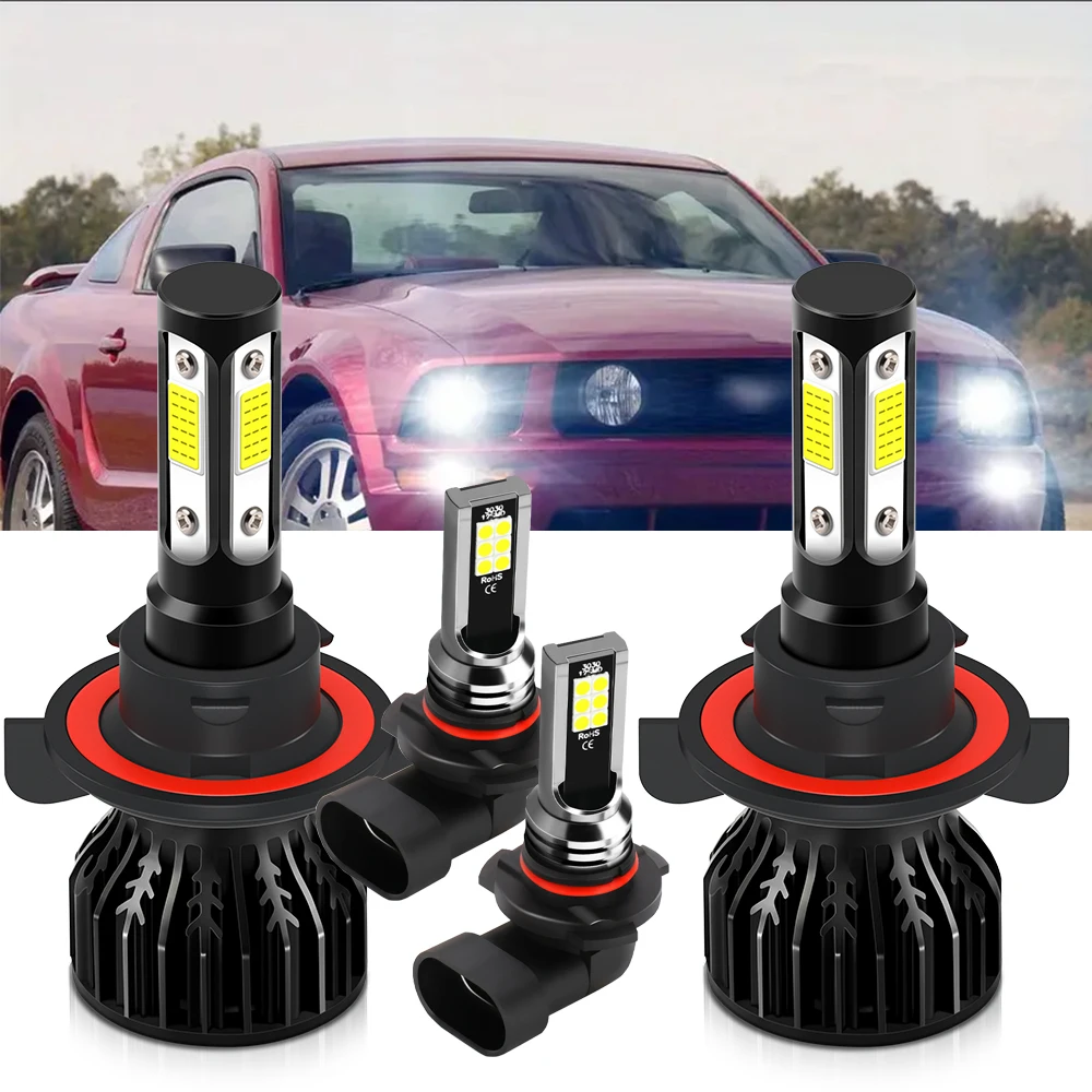 4PCS Combo Kit For Ford Mustang 2005 2006 2007 2008 2009 2010 2011 2012 LED Headlight Bulb 9008/H13 + H10 Fog Lamp 6000K 20000LM