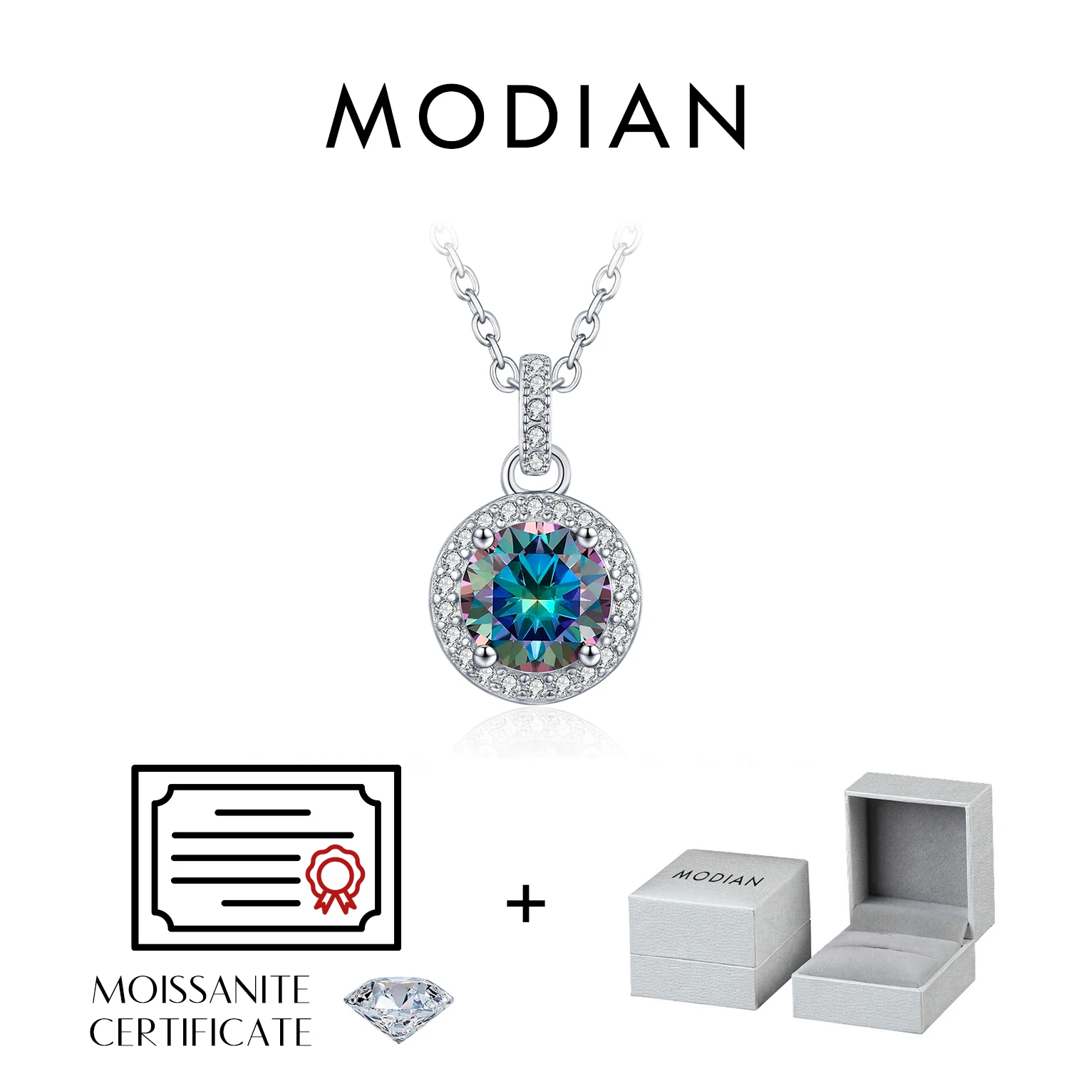 Women's 1CT Multicolor Round Moissanite Pendant Necklace, 925 Silver