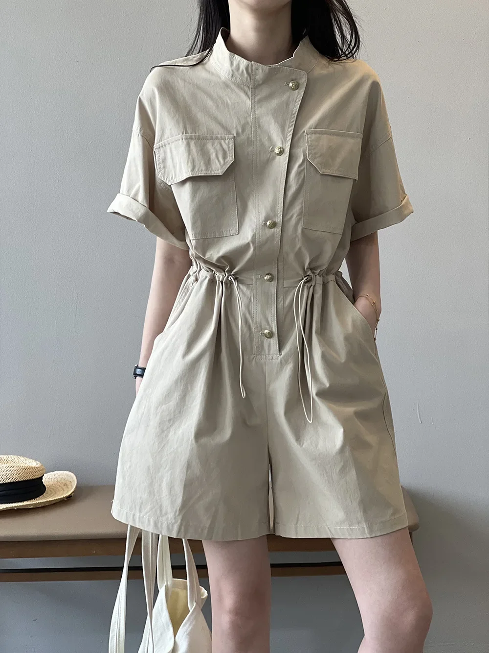 2024 Summer New Women's Stand Up Collar Playsuit Shorts Single Breasted Drawstring Waist Short Sleeve Wide Leg Workwear H2870