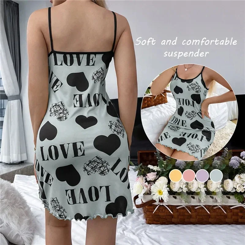 Sommerliches neues Damen-Nachthemd mit schönem Rückenausschnitt, dünner Schnitt, für Zuhause, sexy Neckholder-Kurzrock, niedlicher Cartoon-Druck, Pyjama – Detail 3