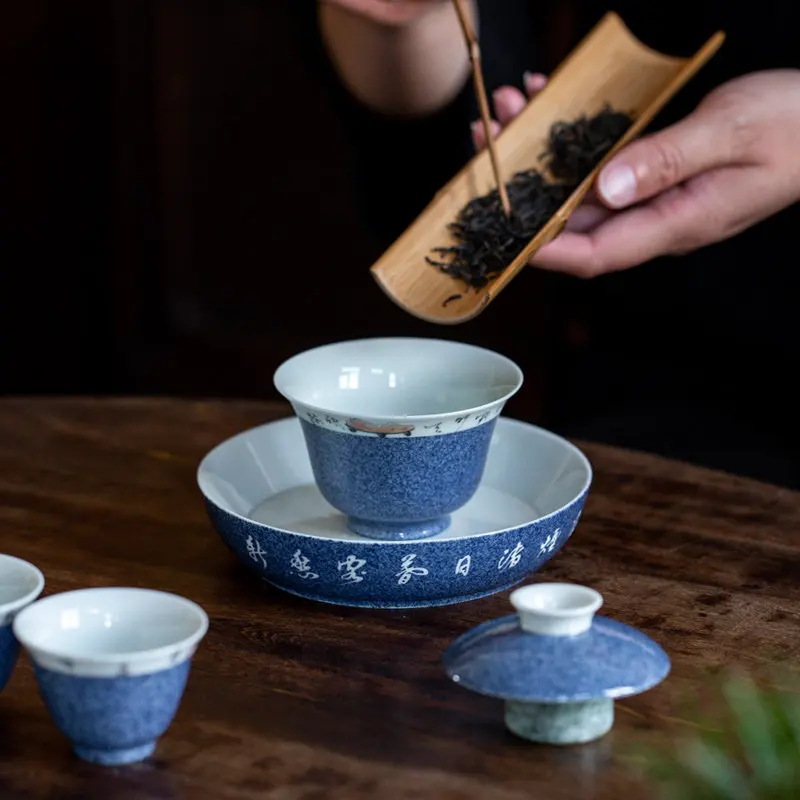 Poetry Calligraphy Sancai Gaiwan, Handwritten Vintage Ceramic Infuser Bowl with Protective Grip with Classic Styling