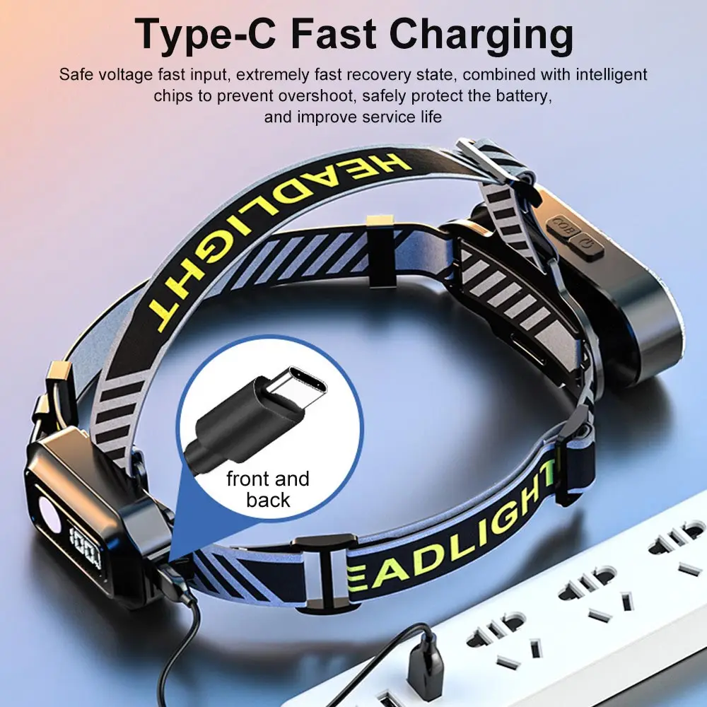 Bright 8LED Headlamp 2000mAh Type-C rechargeable head flashlight with Digital Display Warm+White+Red  camping fishing headlight