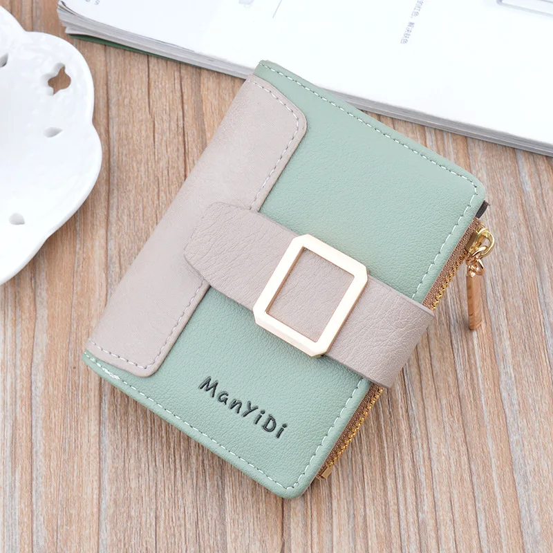 New Wallet Women's Short Wallet Compact Fashion Contrast Zipper Wallet Drawstring Buckle Coin Purse Card Holder