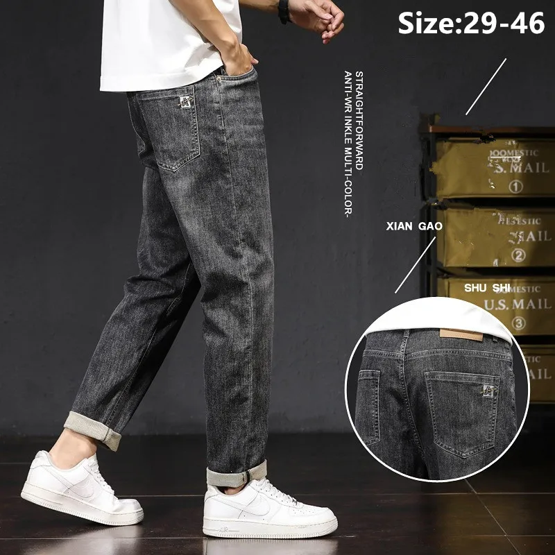 

Pencil Jeans Man Plus Size 46 44 Fit Loose Stretched Black Gray Large Denim Trousers Spring Autumn Long Pants Casual Streetwear