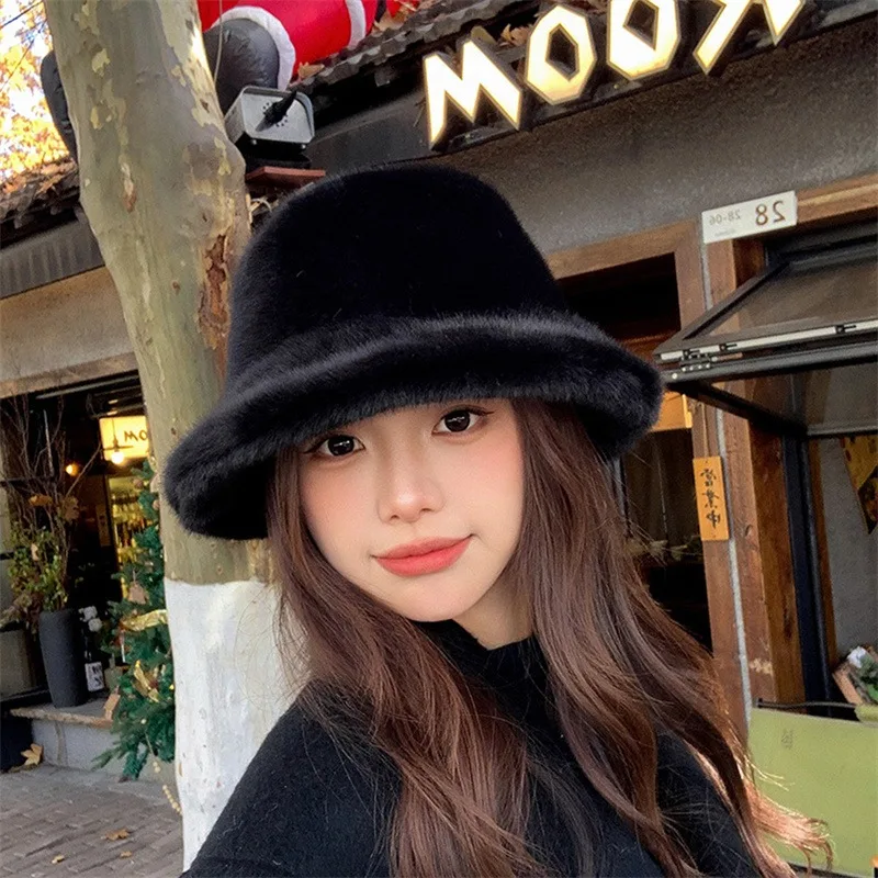 Korean Lamb Faux Fur Bucket Hat Lady Winter Warm Soft Panama Hat Outdoor Fisherman Cap For Women Solid Color Beanie Bonnet 2024