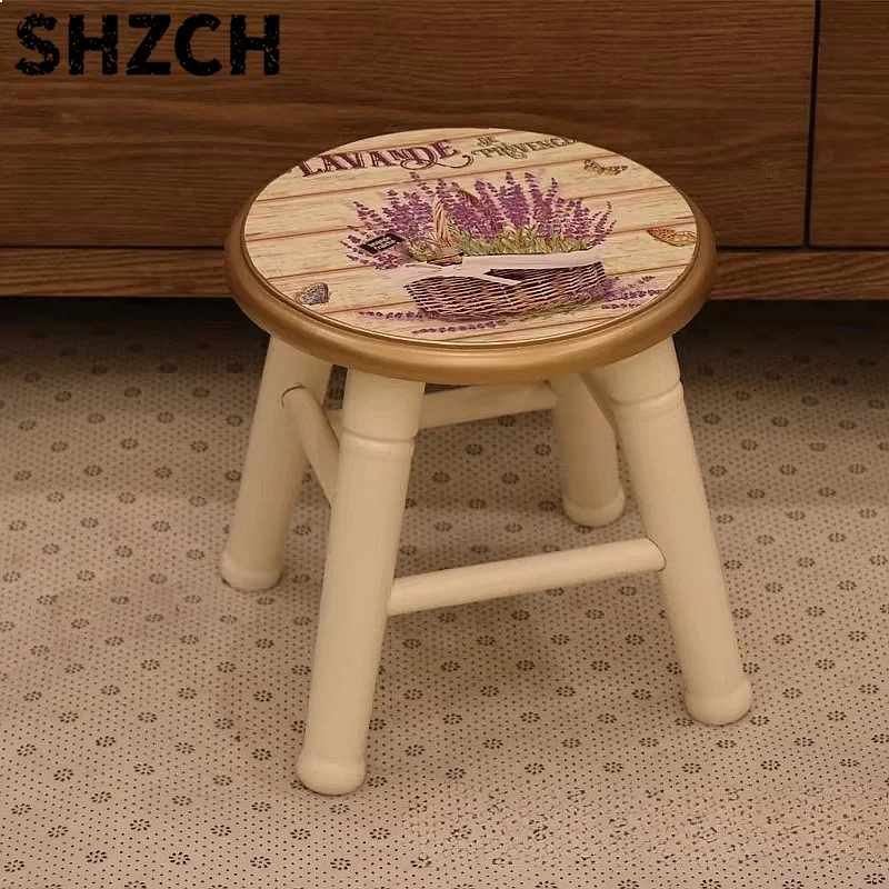 American Small Wooden Stool with Printed Pattern, Round Shoe Changing Seat for Living Room