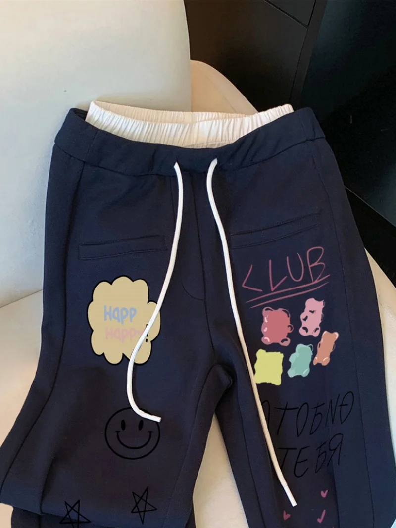 캐주얼 하이웨이스트 패치워크 스포츠 팬츠 남녀공용 봄 가을 스트레이트 레깅스 바지 안티에이징 프린트 드로스트링