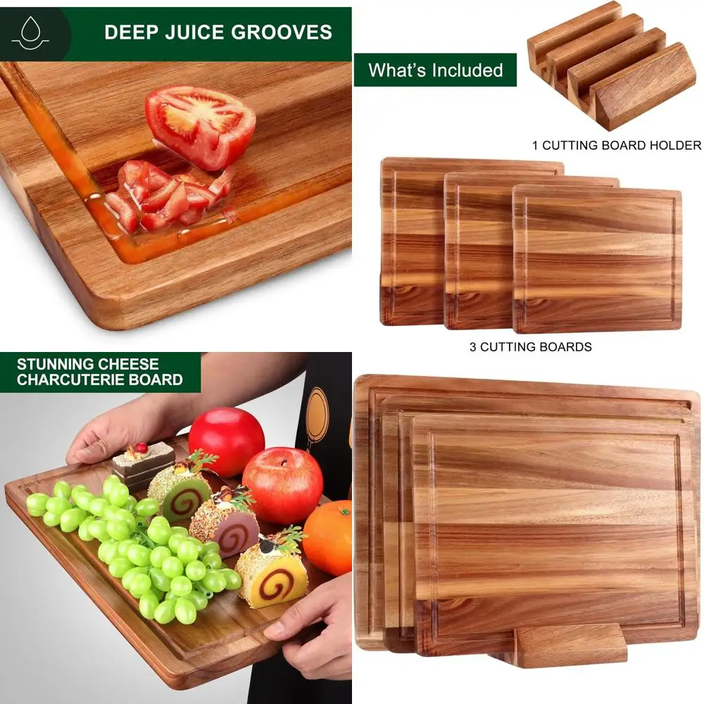 

Set of 3 Large Acacia Wood Chopping Boards with Holder - Kitchen Cutting Boards for Fruit, Bread, Cheese, Meat, and Carving
