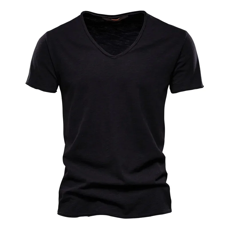 Merkkwaliteit 100% Katoen Heren T-shirt V-hals Fashion Design Slim Fit Soild Mannelijke Tops Tees Korte Mouw