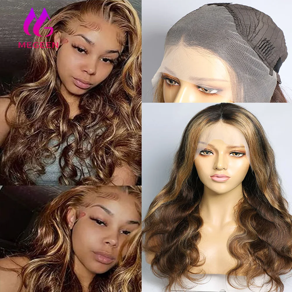 شعر مستعار أمامي من الدانتيل الشفاف ، موجة الجسم ، شعر بشري ، عسل أشقر ، أومبير ملون ، P4 ، 27 تسليط الضوء ، 13x4 ، 13x4